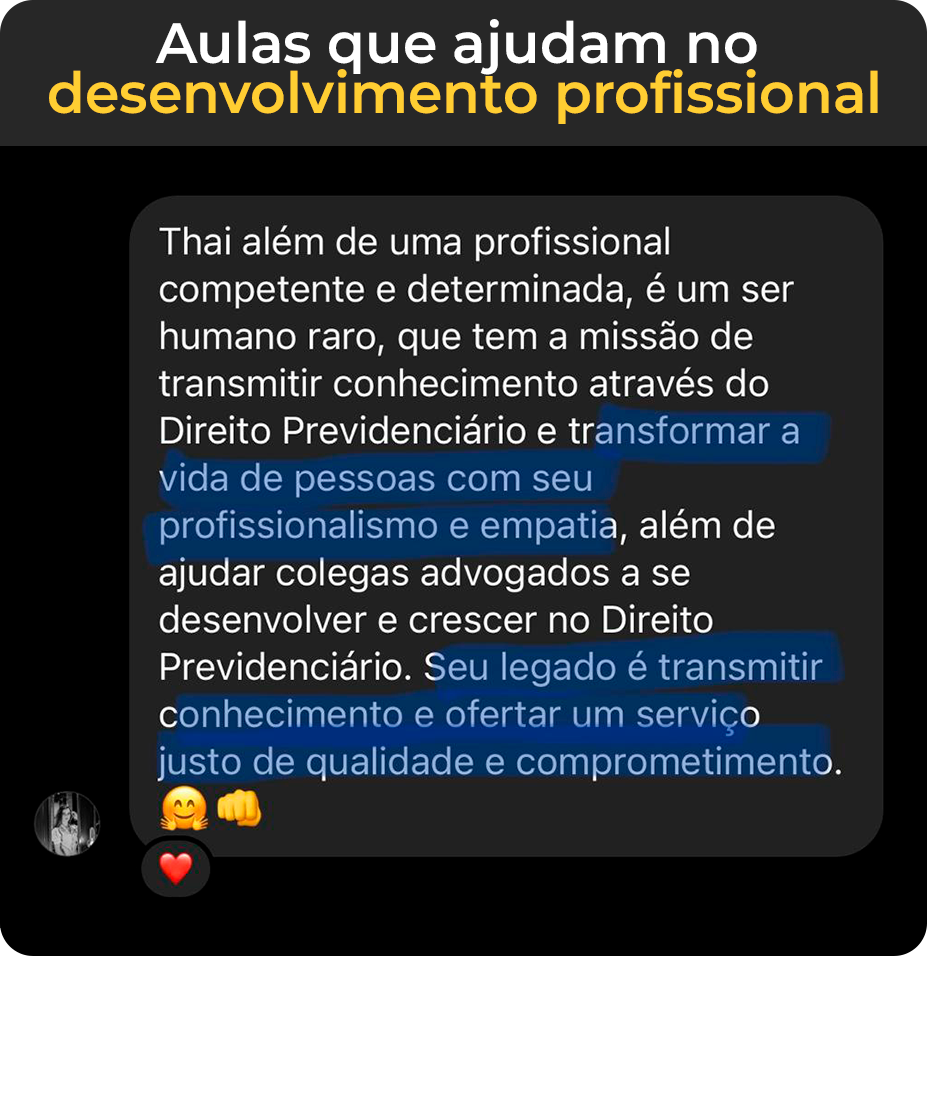 Aulas que ajudam no desenvolvimento profissional e previdenciário, testemunho, feedbacks