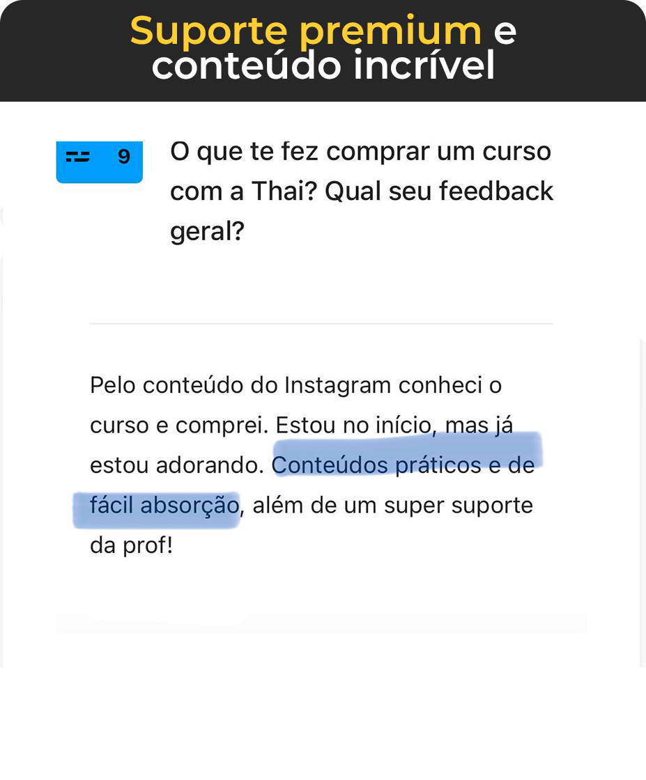 Suporte premium e conteúdo incrível, testemunho, feedback